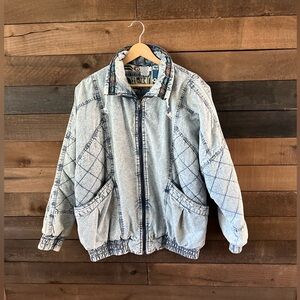 Vintage British Mist Denim Bomber Jacket Quilted Acid Wash Zip Front M